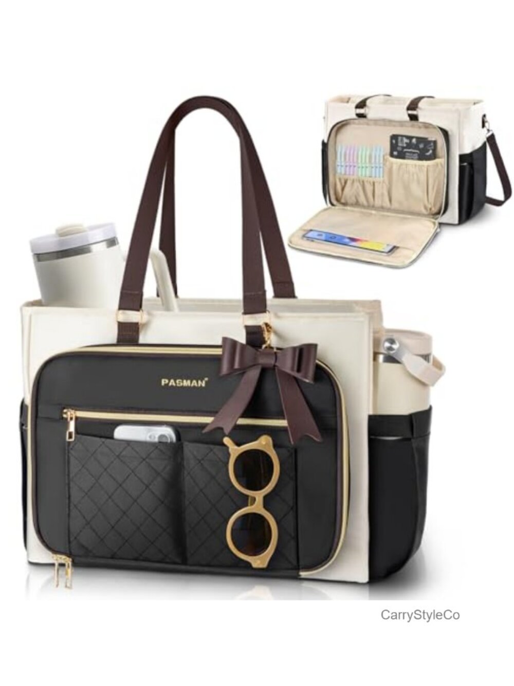 15.6in Laptop Tote Bag with Cup Holder Structured Teacher Work Bag